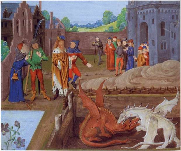 Red and white dragons - from 15th C History of the Kings of Britain - Wikipedia Commons